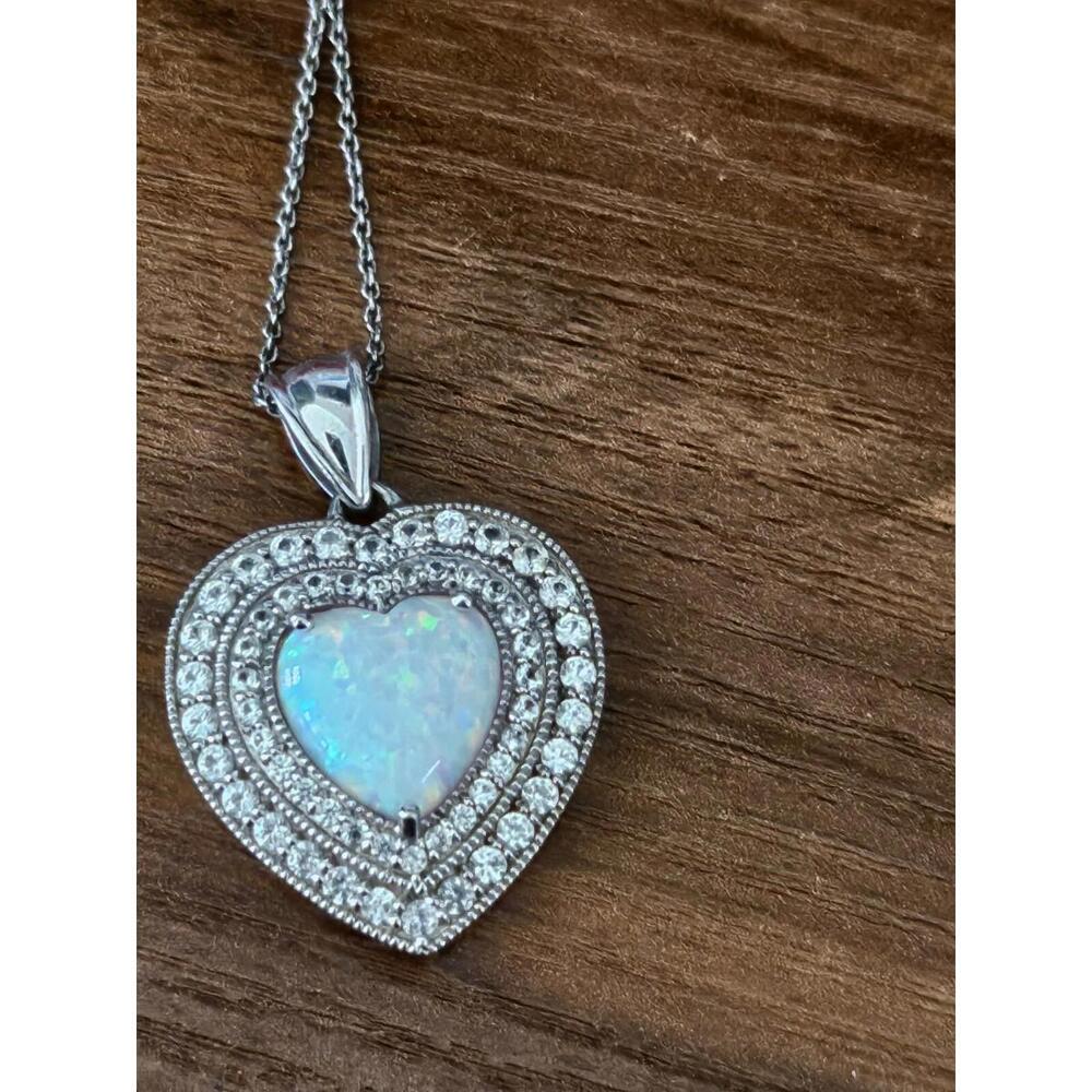 Zales 7.0mm Heart Shaped Lab Created Opal and White Sapphire Necklace